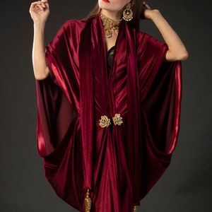 Red stretch velvet great gatsby 1920's art deco flapper robe dress vintage fashion, rerpoduction gown with gold tassels and crystal clasp, made to order in a large range of sizes and heights