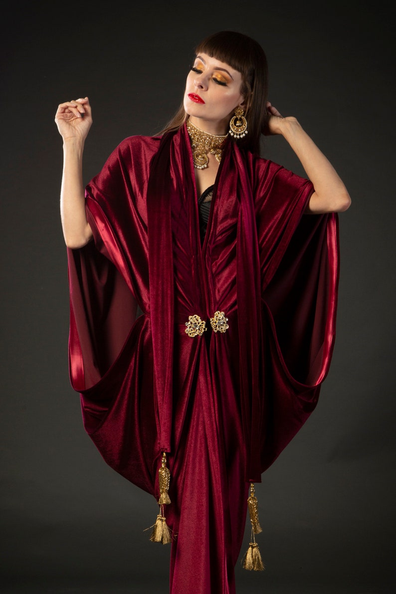 Red stretch velvet great gatsby 1920's art deco flapper robe dress vintage fashion, rerpoduction gown with gold tassels and crystal clasp, made to order in a large range of sizes and heights