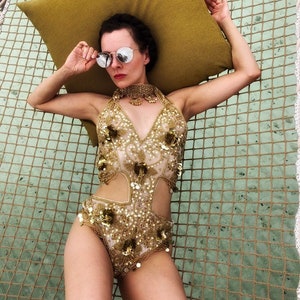 Gold Sequin Showgirl Leotard ~ Bellydance Circus Embellished Costume