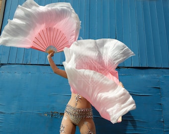 Veil Silk Fans ~ Pink & White ~ belly dance burlesque and circus Costume