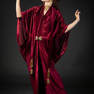 Red stretch velvet great gatsby 1920's art deco flapper robe dress vintage fashion, rerpoduction gown with gold tassels and crystal clasp, made to order in a large range of sizes and heights