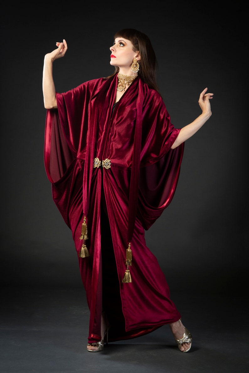 Red stretch velvet great gatsby 1920's art deco flapper robe dress vintage fashion, rerpoduction gown with gold tassels and crystal clasp, made to order in a large range of sizes and heights