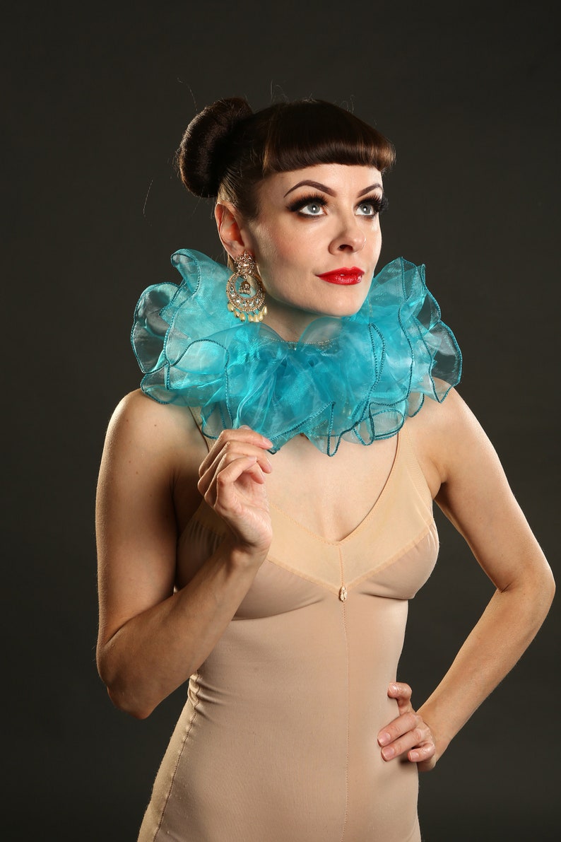 Turquoise Circus Clown Neck Ruff Costume in Organza Womans and Mens Ruffle Collar image 1