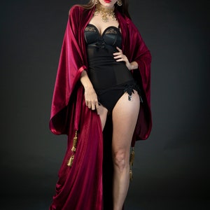 Red stretch velvet great gatsby 1920's art deco flapper robe dress vintage fashion, rerpoduction gown with gold tassels and crystal clasp, made to order in a large range of sizes and heights