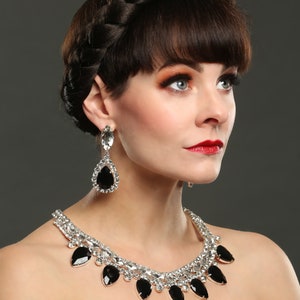 Silver & Black Gem Showgirl Necklace and Earring Set image 1