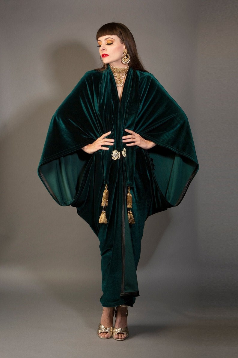 1920s Coats, Flapper Coats, 20s Jackets     Forest Green Velvet Great Gatsby Dress - Floor length flapper Dress Cocoon coat  AT vintagedancer.com
