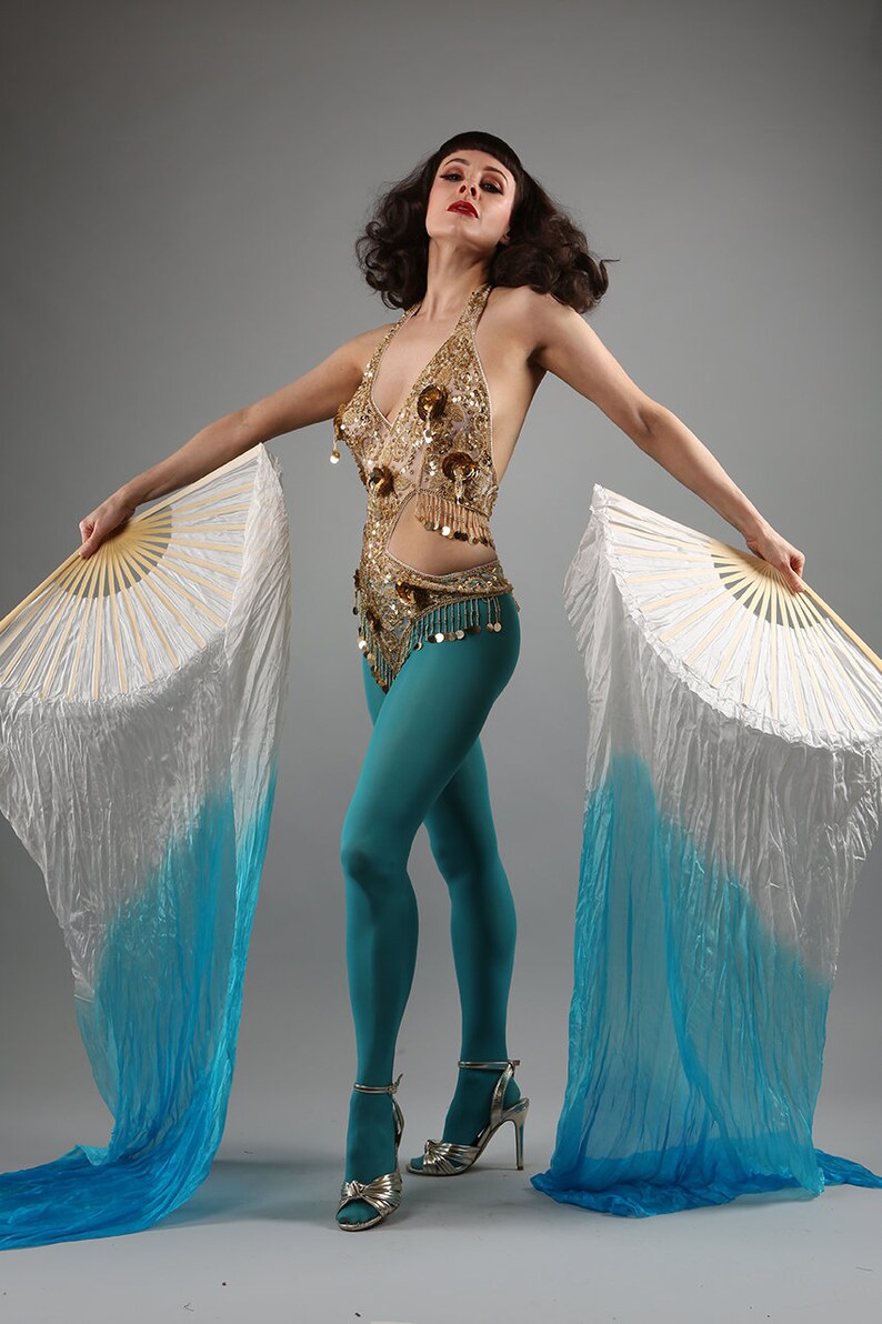 Veil Silk Fans ~ Dip dye blue /& white ~ for belly dance burlesque and circus Costume
