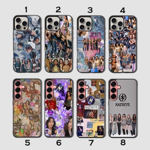 May include: Eight phone cases with diverse designs. The cases display collages of images, including portraits and group photos. Some cases feature the text "KATSEYE" and a logo. The cases are in shades of blue, purple, and beige.
