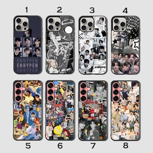 May include: Eight phone cases with diverse designs. The top row features cases with images of a group of people, a record, and a checkered pattern. The bottom row has cases with collages of images. The cases are in different colours.