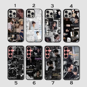 Puede incluir: Ocho fundas para teléfono con collages en blanco, negro y beige. Las fundas muestran retratos y texto, incluyendo el nombre "Jungkook" y el número "97". Los diseños varían.