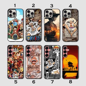 May include: A collection of eight phone cases featuring vibrant designs inspired by the anime series One Piece. The cases showcase various characters and scenes, with bold colors and detailed artwork. Each case has a unique design, including character portraits and iconic imagery.