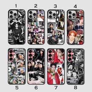 Op de afbeelding: Acht telefoonhoesjes met diverse ontwerpen. De hoesjes tonen collages van afbeeldingen, waaronder portretten van mensen, tekst en grafische elementen. Het kleurenschema is voornamelijk zwart, wit en grijstinten, met wat kleuraccenten.