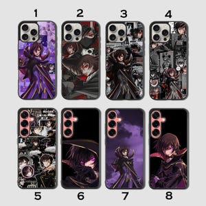 May include: A collection of eight phone cases featuring anime character designs. The cases showcase various characters in different poses and color schemes, with a mix of purple, black, and white backgrounds. Each case has a unique design, offering a variety of styles.
