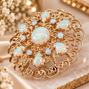 May include: A circular gold brooch featuring an intricate filigree metalwork design. The center is set with a large round opal, surrounded by a radial arrangement of smaller round and pear-shaped opals that display iridescent flashes of color.