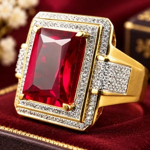 May include: A gold ring featuring a large, rectangular, deep red gemstone set in the center. The stone is surrounded by a double halo of small, clear, sparkling stones. The band and the setting are made of polished gold, with additional clear stones embedded along the sides of the ring's shank.