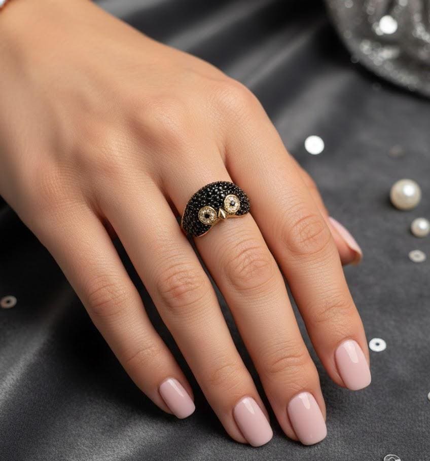 Owl Ring Black Diamond 2Ct Unique Design 14K Two Tone Gold Finish
