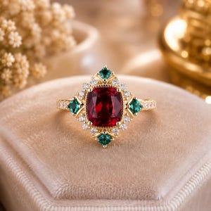 Peut inclure: Une bague en or avec une grande pierre centrale rouge taille coussin, entourée d'un halo de petits diamants blancs et de quatre pierres vertes taille carrée aux points cardinaux. L'anneau est fin et orné de petits diamants blancs sur les côtés.