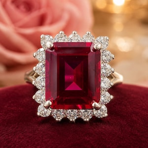 May include: A ring featuring a large, rectangular, deep red gemstone set in a silver-toned metal band. The central stone is surrounded by a halo of small, round, clear, sparkling stones, creating a classic and elegant appearance.