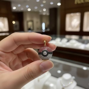 Könnte beinhalten: Goldener Anhänger mit rundem Design, mit rosa, schwarzen und weißen Abschnitten, die an einen Pokéball erinnern. In der Mitte befindet sich ein Diamant. Der Anhänger wird von einer Hand gehalten, was sein detailliertes Design und sein funkelndes Aussehen hervorhebt.