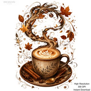 May include: A ceramic coffee cup with latte art sits on a matching saucer, accompanied by cinnamon sticks and a spoon. Swirling steam, coffee beans, and autumn maple leaves rise above the cup, accented by decorative flourishes and the text BREWMARK.