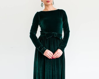 Green velvet dress, long sleeve dress, long velour dress, modest dress, formal maxi dress, dark green dress FAIRE