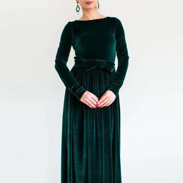 Robe en velours vert, robe à manches longues, robe longue en velours, robe modeste, robe maxi formelle, robe vert foncé FAIRE