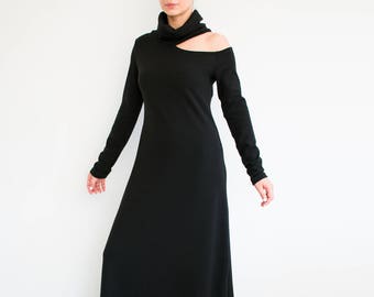 SALDI Maxi Abito nero maglione a maniche lunghe, dolcevita elegante Maxi abito casual, Stravagante Abito lungo donna HEIDI