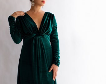 VENTE Robe maxi velours, robe d’invité de mariage, robe à manches longues, robe de demoiselle d’honneur, robe maxi formelle, robe vert foncé maternité LUIZA