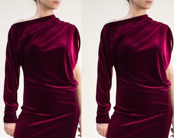 Robe en velours rouge bordeaux à silhouette drapée et asymétrique, robe longue de soirée pour femme VELVET ASSYMA