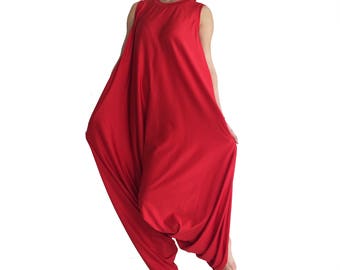 Slouchy drop crotch Jumpsuit, Boho Wide Leg overall, red yoga drop-crotch jumpsuit, oversized plus size baggy maternity overall PLAMA