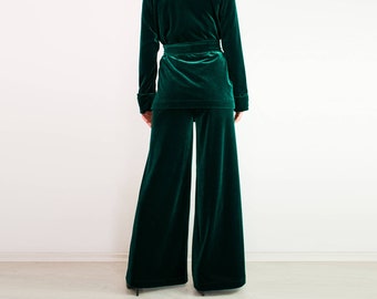 VELVET pants/ Palazzo pants/ Wide leg pants/ Emerald green trousers/ Loose pants/ Wide leg trousers/ Palazzo trousers/ wide leg pants set