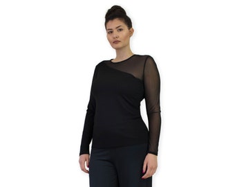 SALE mesh long sleeve top, Sheer minimalist top, Black long sleeve illusion top, plus size top women, extravagant sexy tee blouse TULLE ONE