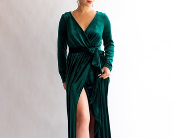Green velvet dress with slit, wedding guest dress, mother of the bride long sleeves dress, bridesmaid dress, formal maxi dress MARGOT