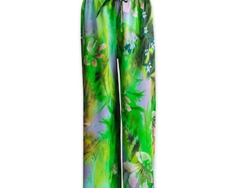 VENTE Pantalon large, pantalon palazzo, pantalon de plage palazzo en satin imprimé, pantalon de plage taille haute, imprimé tropical