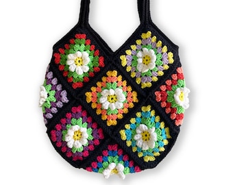 Crochet Boho Bag: Black Cotton Floral Tote