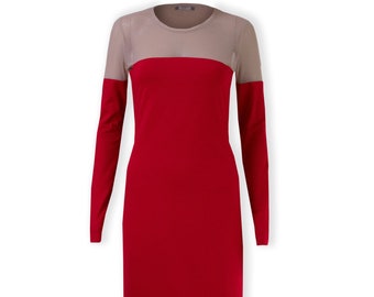 VENTE Élégante robe courte rouge à manches longues longueur genou avec haut en tulle nude, robe midi soirée femme BONI
