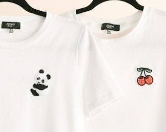 SALE Indie clothing, White cotton t-shirt with embroidery panda or cherries, simple tee with short sleeves, gardenning t shirt