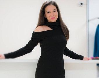 SALE Black sweater dress turtleneck, long sleeve knit dress, off shoulder Plus size sweater, Women dress HEIDI