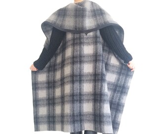 Unique designer coat/ Long wool coat/ Hooded coat/ Women long coat/ Oversize winter coat/ Plaid knit coat SAMURAI CHECKED SALE