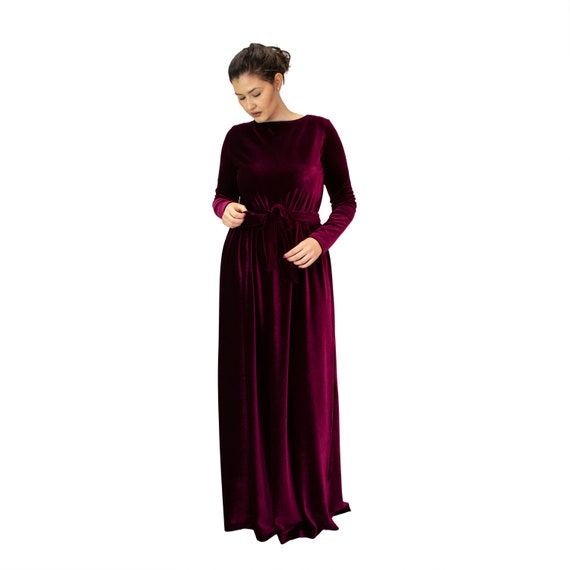 red velvet maxi dress with sleeves