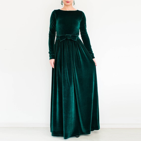 long sleeve green velvet gown