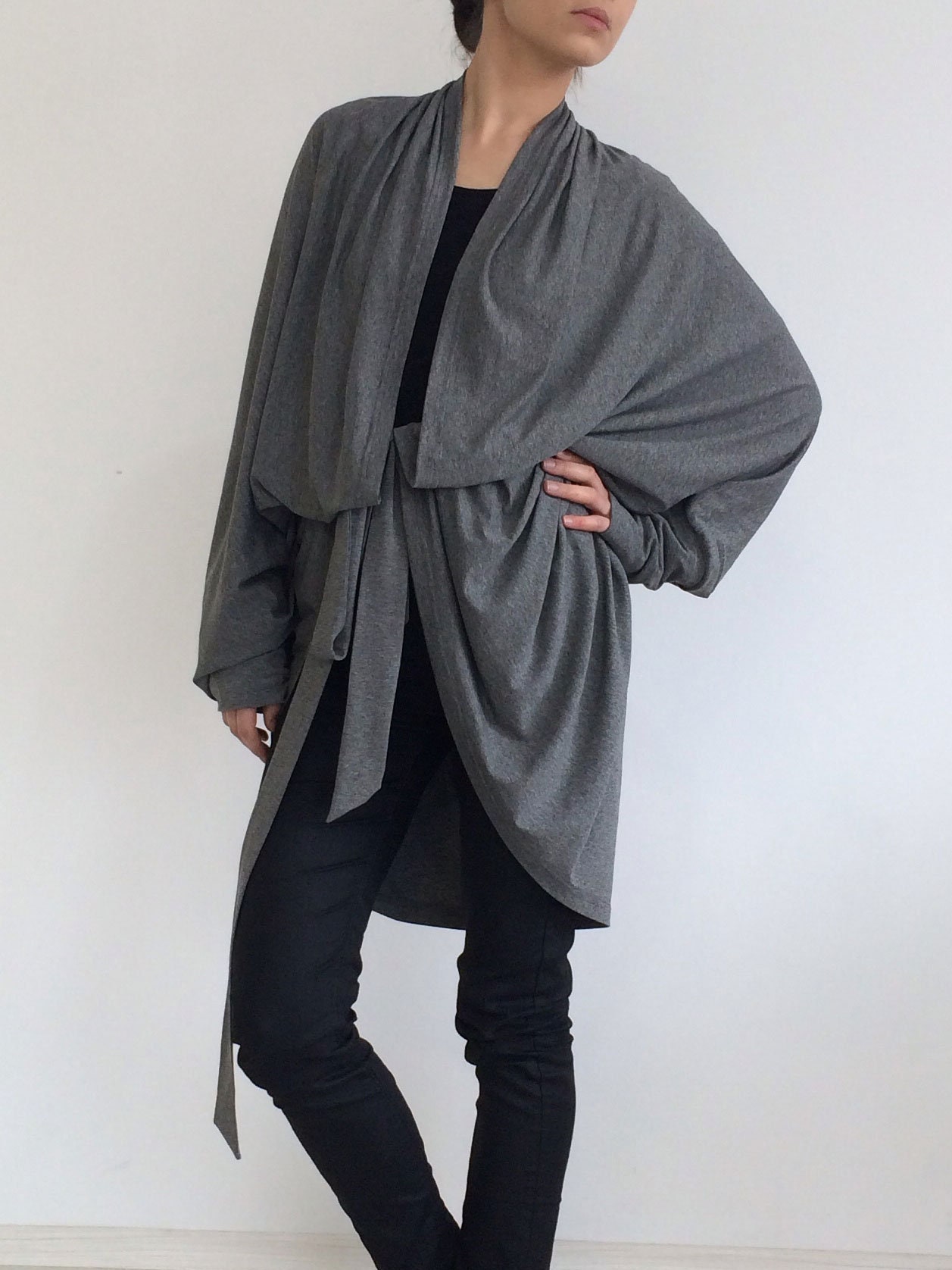 orchideaboutique Boho Cardigan kimono/ Dima Gray Belted Oversized Cardigan Cover-Up Jacket Casual Maternity Plus Size Cozy Wrap Cotton