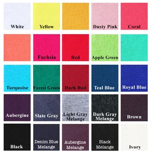 May include: A color chart showing 20 different fabric colors. The colors are arranged in a grid of five rows and four columns. The colors include white, yellow, dusty pink, coral, fuchsia, red, apple green, turquoise, forest green, dark red, teal blue, royal blue, aubergine, slate gray, light gray melange, dark gray melange, brown, denim blue melange, aubergine melange, black melange, and ivory.