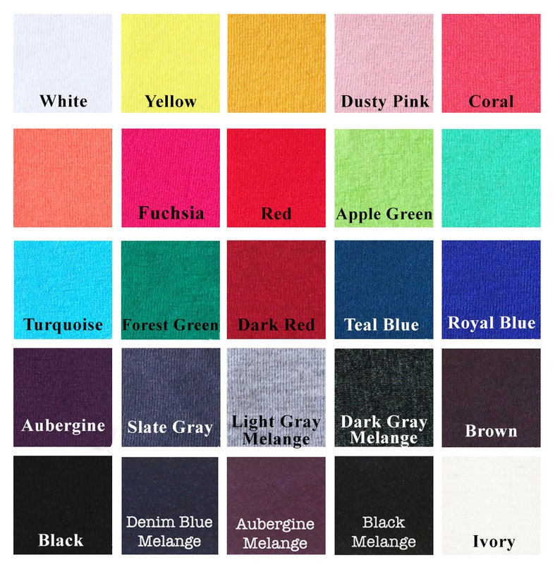 May include: A color chart showing 20 different fabric colors. The colors are arranged in a grid of five rows and four columns. The colors include white, yellow, dusty pink, coral, fuchsia, red, apple green, turquoise, forest green, dark red, teal blue, royal blue, aubergine, slate gray, light gray melange, dark gray melange, brown, denim blue melange, aubergine melange, black melange, and ivory.