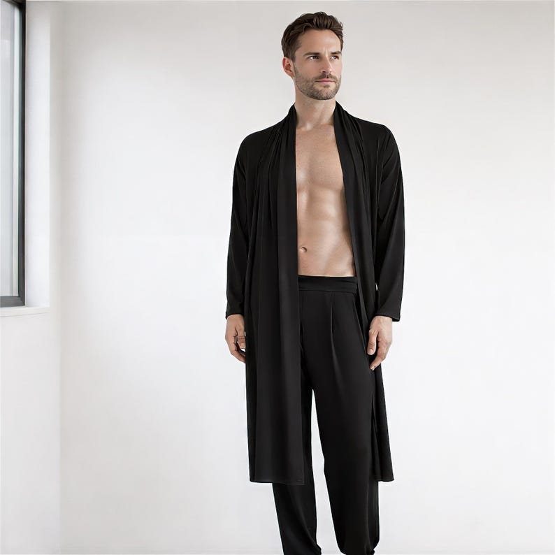 Długa męska kurtka kardigan – oversize'owe kimono – płaszcz z wiskozy z dżerseju – sweter warstwowy z odkrytym przodem, idealny do noszenia na co dzień i w miejskim stylu zdjęcie 2