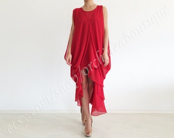 SALE SAMARA Drape Tunika Kleid ärmellos hoch tiefer Saum rot Chiffon Cocktail Abendball