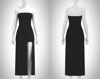 Strapless slip bandeau dress with slit, Mid length slip bodycon dress, sexy tight dress, tube bodycon dress