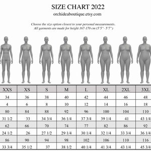 May include: Size chart for clothing in US and EU sizes, with measurements in inches and centimeters for bust, waist, and hips. The chart includes sizes XXS to 4XL.