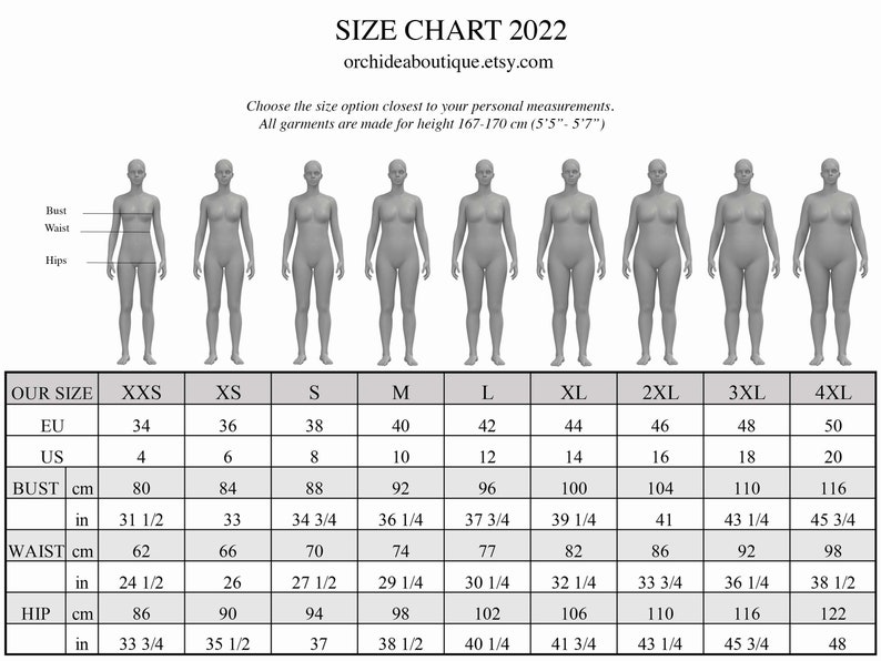May include: Size chart for clothing in US and EU sizes, with measurements in inches and centimeters for bust, waist, and hips. The chart includes sizes XXS to 4XL.