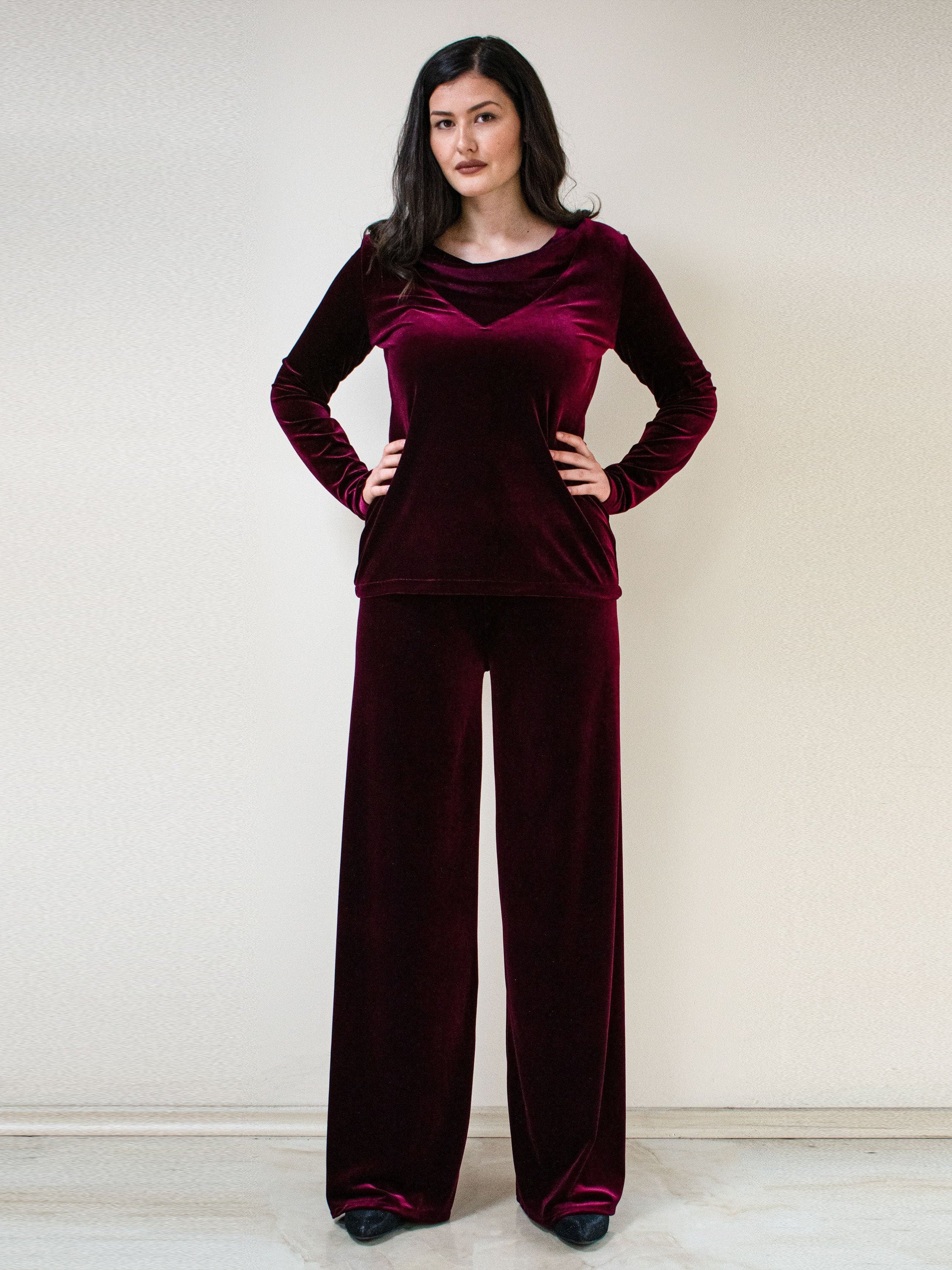 Burgundy Red Velvet Blouse/ Women 
